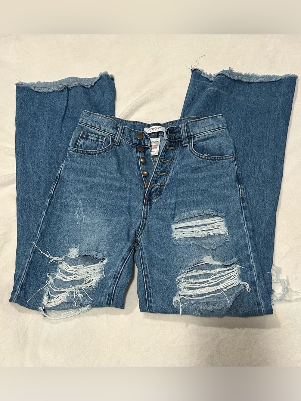 Button-Fly Distressed Women's Blue Jeans